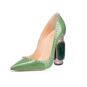 FSJ Women Bridal Pointed Toe Chunky Block High Heel Crystal Pumps Slip on Weddin